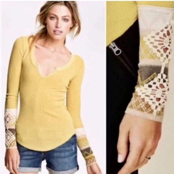 Free People Kombucha XS Crochet Cuff Lemongrass Mustard Thermal Henley‎ - Picture 1 of 10